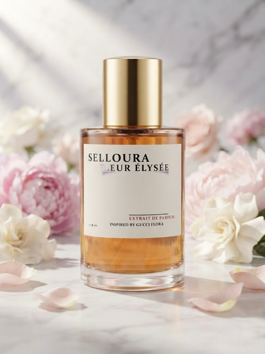 Selloura Fleur Elysée perfume bottle with a gold cap and cream label, surrounded by pink and white flowers on a light marble surface.