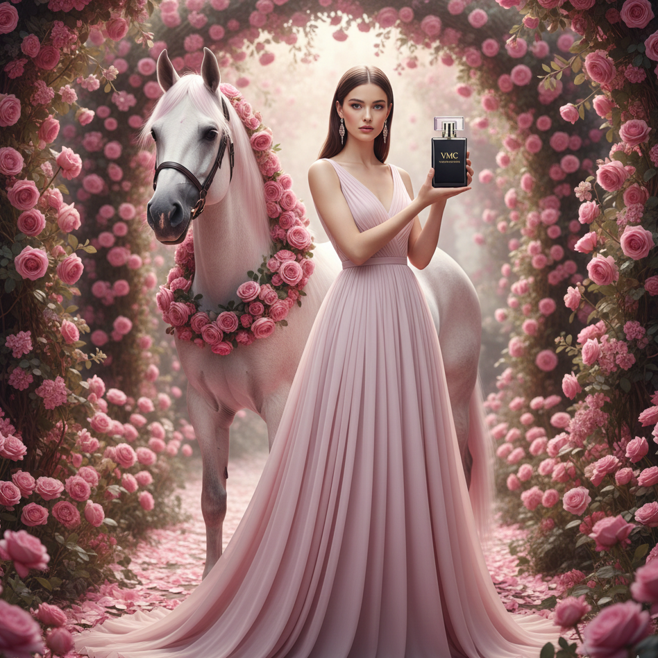Woman in a pink dress holding a product next to a white horse in a floral setting