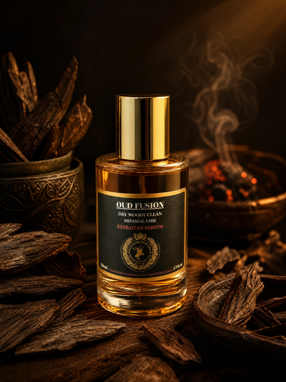 A bottle of 'Old Fusion' 700 Molecules Clean Minima Vibe essential oil perfume, featuring a gold cap and black label, styled on a dark wooden surface with dried spices and incense in the background.